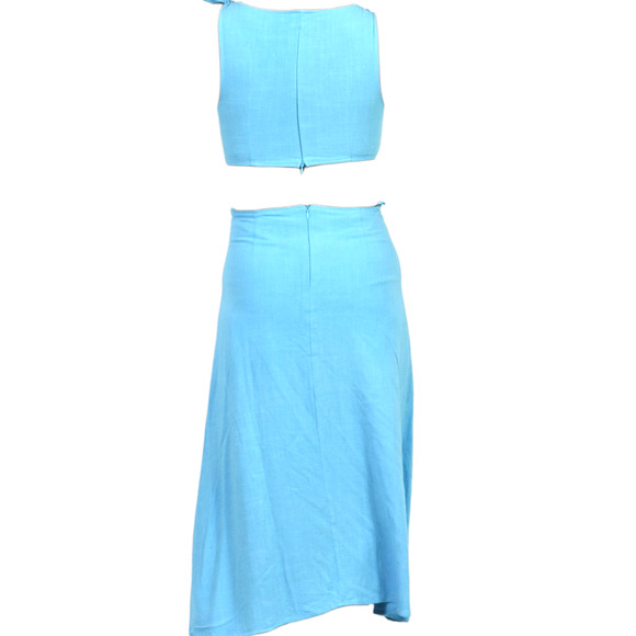 Sundays Tie Shoulder Midi Dress Blue Cutouts Midriff Hemp Slit Two Piece Small - Picture 10 of 12